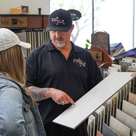 One of our flooring professionals providing great customer service in our Redlands, CA showroom