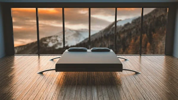 Modern bed on luxury vinyl flooring