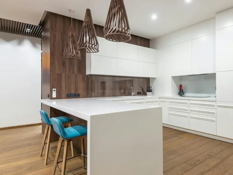 Bright kitchen with vinyl flooring