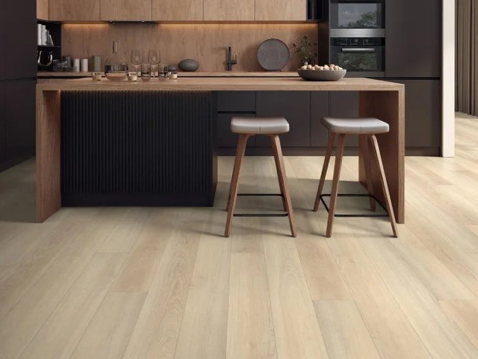 Trendy kitchen with luxury vinyl flooring