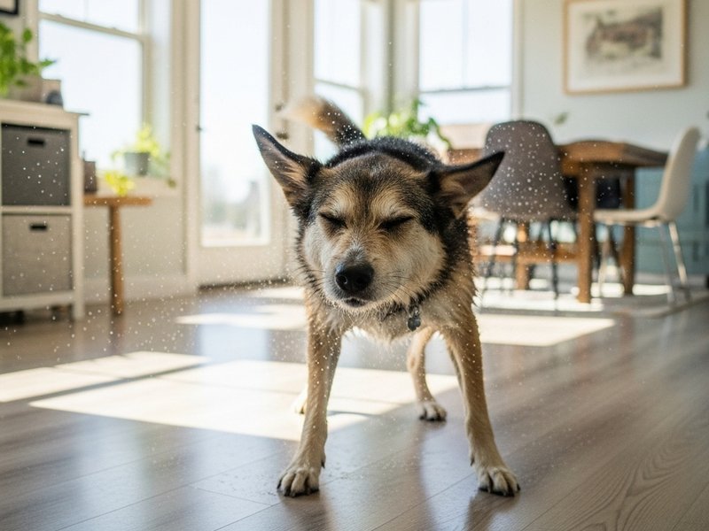 Dog shaking off water on luxury vinyl flooring